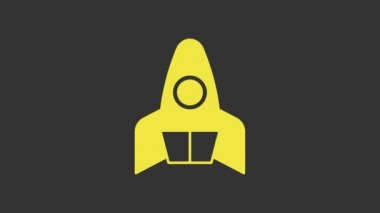 Sarı Roket gemisi simgesi gri arkaplanda izole edildi. Uzay yolculuğu. 4K Video hareketli grafik canlandırması