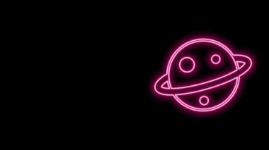 Gezegen Satürn 'ün parlak neon çizgisi. Gezegen halkası simgesi siyah arkaplanda izole edilmiş. 4K Video hareketli grafik canlandırması