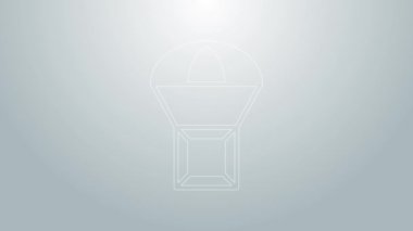 Mavi çizgi kutusu gri arka planda izole edilmiş paraşüt ikonu üzerinde uçuyor. Nakliye için paraşütlü paket. Teslimat servisi, hava taşımacılığı. 4K Video hareketli grafik canlandırması