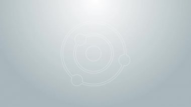 Mavi çizgi güneş sistemi simgesi gri arkaplanda izole edildi. Gezegenler yıldızın etrafında dönerler. 4K Video hareketli grafik canlandırması