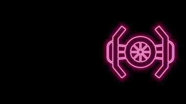 Parlayan neon hattı kozmik gemi simgesi siyah arkaplanda izole edildi. 4K Video hareketli grafik canlandırması