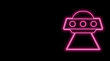 Parlayan neon hattı UFO uçan uzay gemisi simgesi siyah arkaplanda izole edildi. Uçan daire. Uzaylı uzay gemisi. Gelecekteki bilinmeyen uçan nesne. 4K Video hareketli grafik canlandırması