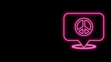 Parlayan neon hattı konum barış simgesi siyah arkaplanda izole edildi. Hippi barış sembolü. 4K Video hareketli grafik canlandırması