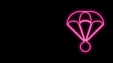 Parlayan neon hattı paraşüt simgesi siyah arkaplanda izole edildi. Olağanüstü bir spor. Spor malzemeleri. 4K Video hareketli grafik canlandırması