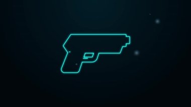 Siyah arkaplanda parlayan neon hattı Pistol veya silah ikonu izole edildi. Polis ya da askeri silah. Küçük ateşli silah. 4K Video hareketli grafik canlandırması