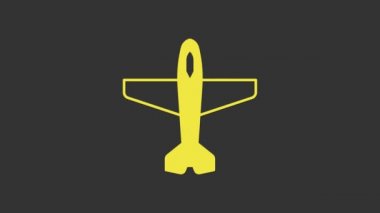 Sarı düzlem simgesi gri arkaplanda izole edildi. Uçan uçak ikonu. Uçak tabelası. 4K Video hareketli grafik canlandırması