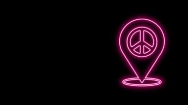 Parlayan neon hattı konum barış simgesi siyah arkaplanda izole edildi. Hippi barış sembolü. 4K Video hareketli grafik canlandırması