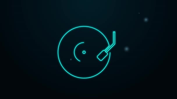 Linha de néon brilhante Jogador de vinil com um ícone de disco de vinil isolado no fundo preto. Animação gráfica em movimento de vídeo 4K — Vídeo de Stock