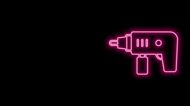 Linea neon incandescente Icona della trapano elettrico isolata su sfondo nero. Strumento di riparazione. Animazione grafica 4K Video motion — Video Stock