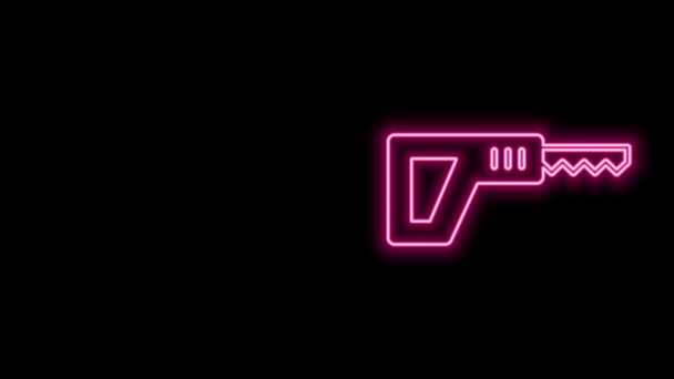 Zářící neonová čára Pila a ikona pilového listu izolovaná na černém pozadí. Grafická animace pohybu videa 4K — Stock video