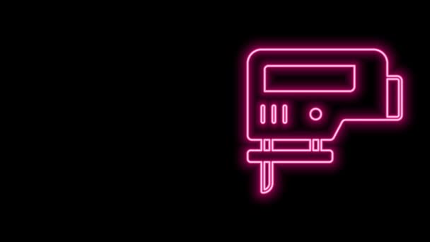 Linea neon incandescente Seghetto elettrico con icona in acciaio affilato isolato su sfondo nero. Utensile elettrico per falegnameria. Animazione grafica 4K Video motion — Video Stock