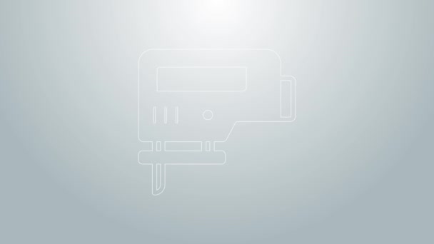 Linea blu Seghetto elettrico con icona in acciaio affilato isolato su sfondo grigio. Utensile elettrico per falegnameria. Animazione grafica 4K Video motion — Video Stock