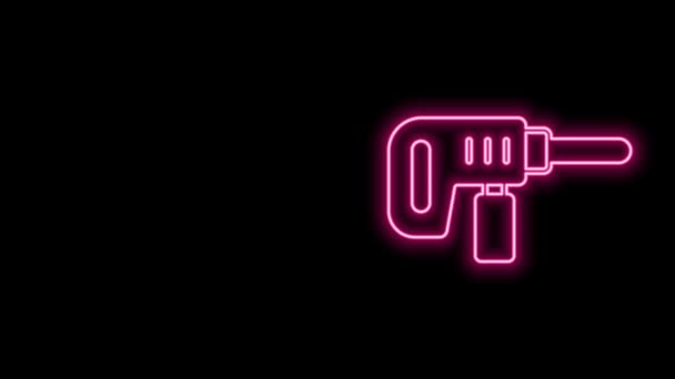 Leuchtende Neon-Linie Elektrische Bohrmaschine Symbol isoliert auf schwarzem Hintergrund. Reparaturwerkzeug. 4K Video Motion Grafik Animation — Stockvideo