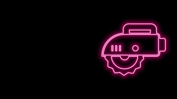 Glowing neon line Electric circular saw with steel toothed disc icon isolated on black background. Electric hand tool for cutting wood or metal. 4K Video motion graphic animation — Stock Video