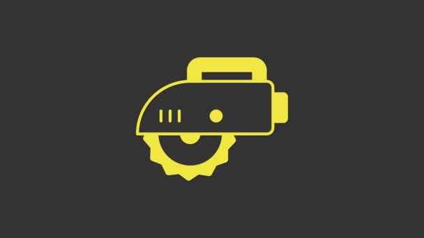 Sega circolare elettrica gialla con icona a disco dentato in acciaio isolata su fondo grigio. Utensile elettrico manuale per tagliare legno o metallo. Animazione grafica 4K Video motion — Video Stock