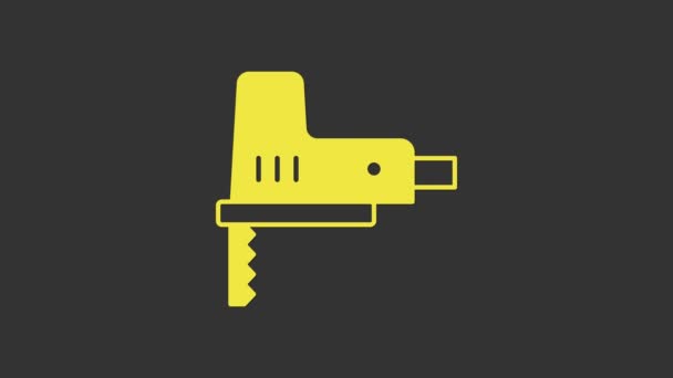 Yellow Electric jigsaw with steel sharp blade icon isolated on grey background. Power tool for woodwork. 4K Video motion graphic animation — Stock Video