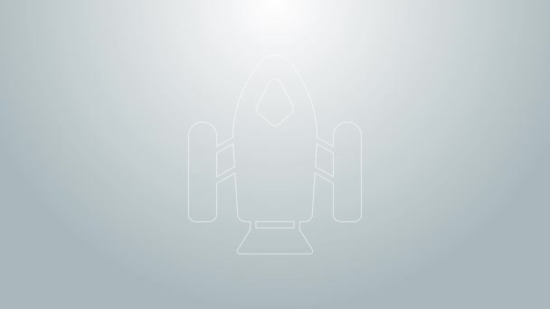 Blauwe lijn Rocket schip pictogram geïsoleerd op grijze achtergrond. Ruimtevaart. 4K Video motion grafische animatie — Stockvideo