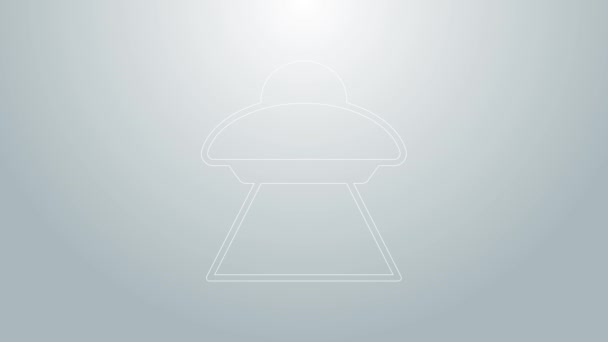 Blaue Linie UFO fliegendes Raumschiff Symbol isoliert auf grauem Hintergrund. Fliegende Untertasse vorhanden. Alien-Raumschiff. Futuristisches unbekanntes Flugobjekt. 4K Video Motion Grafik Animation — Stockvideo