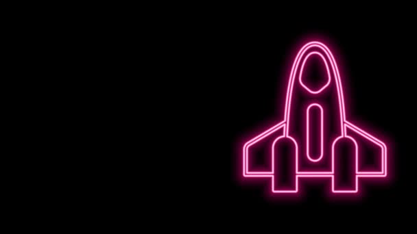 Glowing neon line Rocket ship icon isolated on black background. Space travel. 4K Video motion graphic animation — Stock Video