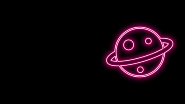 Glowing neon line Planet Saturn with planetary ring system icon isolated on black background. 4K Video motion graphic animation — Stock Video