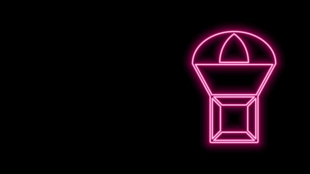 Leuchtende Neon Line Box fliegt auf Fallschirmsymbol isoliert auf schwarzem Hintergrund. Paket mit Fallschirm für den Versand. Lieferservice, Luftfracht. 4K Video Motion Grafik Animation — Stockvideo