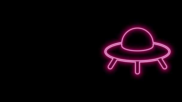 Icona luminosa al neon linea UFO astronave volante isolato su sfondo nero. Piattino volante. Nave spaziale aliena. Futuristico oggetto volante sconosciuto. Animazione grafica 4K Video motion — Video Stock