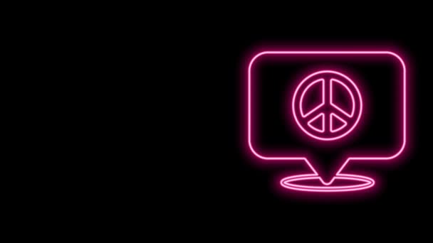 Žhnoucí neonová čára Umístění mír ikona izolované na černém pozadí. Hippie symbol míru. Grafická animace pohybu videa 4K — Stock video