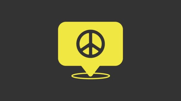 Geel Locatie vrede pictogram geïsoleerd op grijze achtergrond. Hippie symbool van vrede. 4K Video motion grafische animatie — Stockvideo