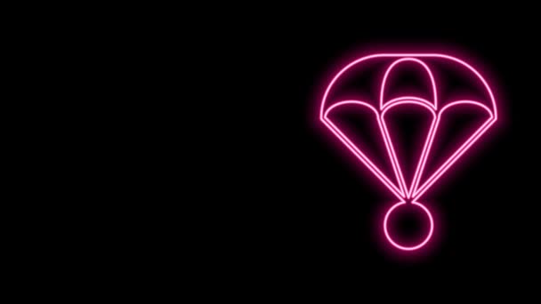 Gloeiende neon lijn Parachute pictogram geïsoleerd op zwarte achtergrond. Extreme sport. Sportuitrusting. 4K Video motion grafische animatie — Stockvideo