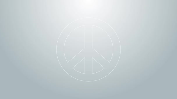 Línea azul Icono de Paz aislado sobre fondo gris. Símbolo hippie de paz. Animación gráfica de vídeo 4K — Vídeos de Stock