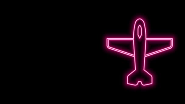 Linea al neon luminosa Icona del piano isolata su sfondo nero. Icona dell'aereo volante. Segnaletica aerea. Animazione grafica 4K Video motion — Video Stock