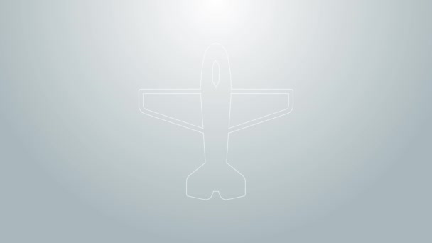 Μπλε γραμμή εικονίδιο αεροπλάνου απομονωμένο σε γκρι φόντο. Ιπτάμενο εικονίδιο. Πινακίδα αεροπλάνου. 4K Γραφική κίνηση κίνησης βίντεο — Αρχείο Βίντεο
