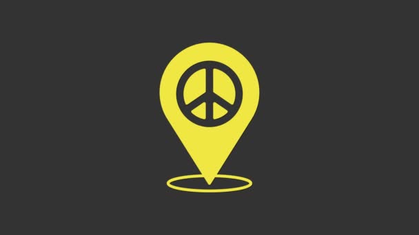 Icono de paz de ubicación amarilla aislado sobre fondo gris. Símbolo hippie de paz. Animación gráfica de vídeo 4K — Vídeo de stock
