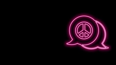 Parlayan neon hattı barış simgesi siyah arkaplanda izole edildi. Hippi barış sembolü. 4K Video hareketli grafik canlandırması