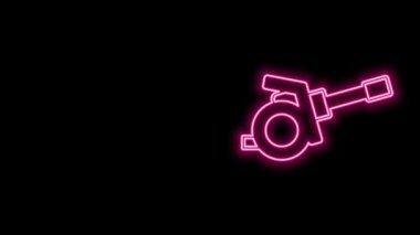 Parlayan neon hattı Howitzer simgesi siyah arkaplanda izole edildi. Silahla ateş etmek. Topçular. 4K Video hareketli grafik canlandırması