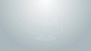Mavi çizgi. Gri arka planda izole edilmiş savaş ikonu kelimesi. Uluslararası askeri çatışma. Ordu. Silahlar. Nükleer silah. Metin için şablon. 4K Video hareketli grafik canlandırması