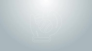 Gri arka planda top ikonu olan mavi çizgi beyzbol eldiveni. 4K Video hareketli grafik canlandırması