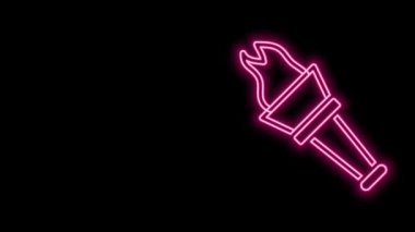 Parlayan neon hattı alev ikonu siyah arkaplanda izole edildi. Sembol ateşi sıcak, alev gücü, alev ve ısı. 4K Video hareketli grafik canlandırması