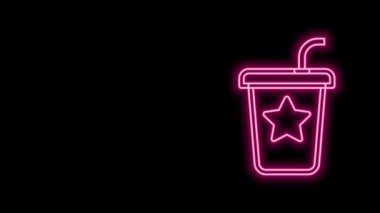 Siyah zemin üzerinde saman ve su ikonu olan parlak neon şeritli kağıt bardak. Soda bardağı. Taze soğuk içecek sembolü. 4K Video hareketli grafik canlandırması