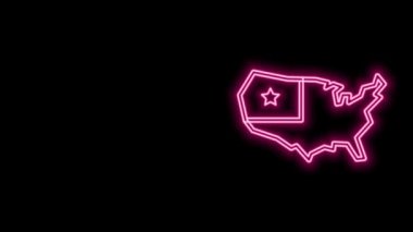 Parlayan neon hattı ABD haritası simgesi siyah arkaplanda izole edildi. Amerika Birleşik Devletleri haritası. 4K Video hareketli grafik canlandırması