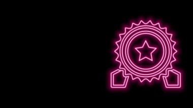 Siyah zemin üzerinde yıldız simgesi olan parlak neon çizgisi madalyası. Kazanan başarı işareti. Ödül madalyası. 4K Video hareketli grafik canlandırması