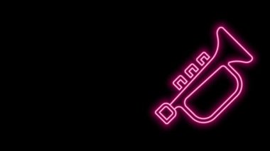 Parlayan neon hattı. Siyah zemin üzerinde izole edilmiş trompet ikonu. 4K Video hareketli grafik canlandırması