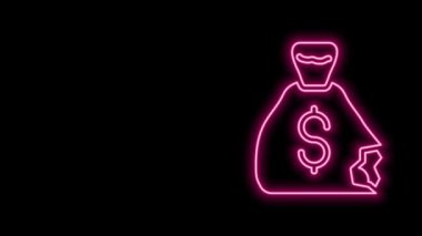 Parlayan neon hattı Para Çantası simgesi siyah arkaplanda izole edildi. Dolar ya da USD sembolü. Nakit bankacılık tabelası. 4K Video hareketli grafik canlandırması