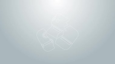 Mavi çizgili makas gri arka planda izole edilmiş bir kredi kartı simgesini kesiyor. Çevrimiçi ödeme. Nakit çekilmesi. Finansal operasyonlar. Alışveriş tabelası. 4K Video hareketli grafik canlandırması