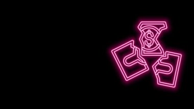 Parlayan neon hattı siyah arka planda izole edilmiş üç barış simgesine para banknotunu parçalıyor. 4K Video hareketli grafik canlandırması