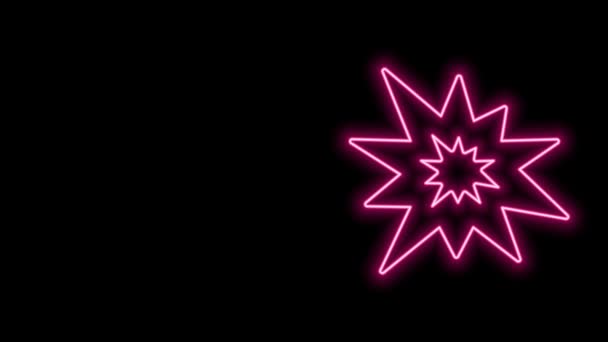 Gloeiende neon lijn bom explosie met granaatscherven en vuurbal pictogram geïsoleerd op zwarte achtergrond. 4K Video motion grafische animatie — Stockvideo