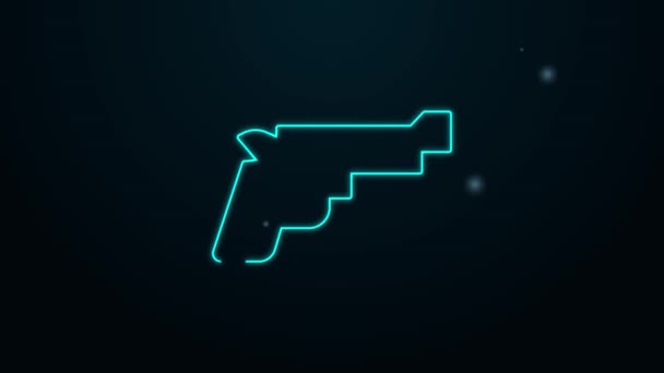 Glowing neon line Pistol or gun icon isolated on black background. Police or military handgun. Small firearm. 4K Video motion graphic animation