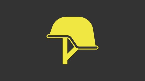 Icono del casco militar amarillo aislado sobre fondo gris. Sombrero del ejército símbolo de defensa y protección. Sombrero protector. Animación gráfica de vídeo 4K — Vídeo de stock