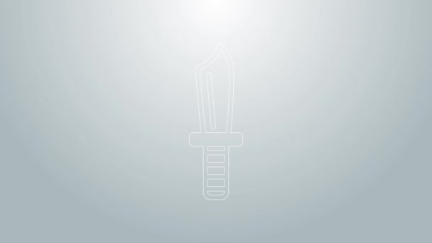 Línea azul Icono de cuchillo militar aislado sobre fondo gris. Animación gráfica de vídeo 4K — Vídeos de Stock
