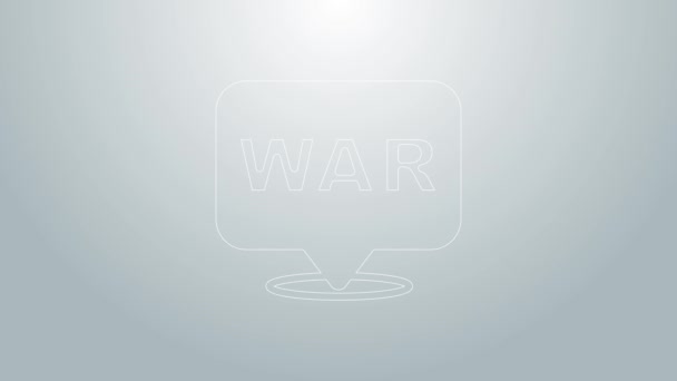 Línea azul Icono de guerra de la palabra aislado sobre fondo gris. Conflicto militar internacional. Ejército. Armamento. Arma nuclear. Plantilla para texto. Animación gráfica de vídeo 4K — Vídeo de stock